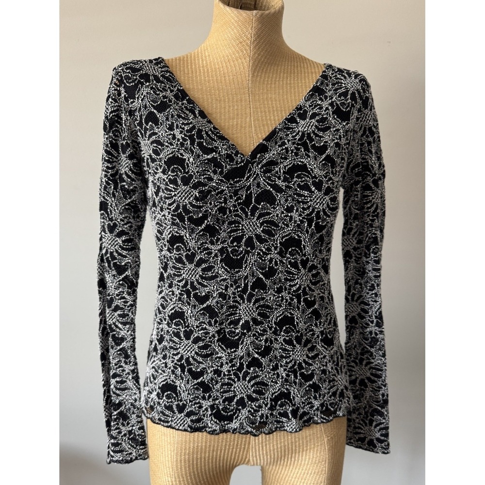Vintage‎ 90s Y2K Whimsigoth Top Small Black Mesh Floral Longsleeve Bell Sleeve